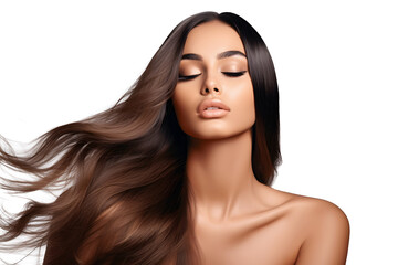 Haircare, beauty and relax with woman with long hair, luxury and salon treatment isolated on a transparent background. Person, Brazil and model with style, texture and volume with png, shine and glow - obrazy, fototapety, plakaty