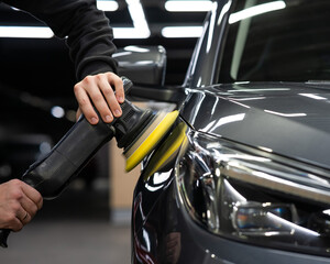 A master polishes the surface of a car body. 