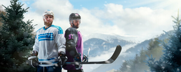Hockey portrait. Two professional hockey players are standing on an outdoor skating rink in the...