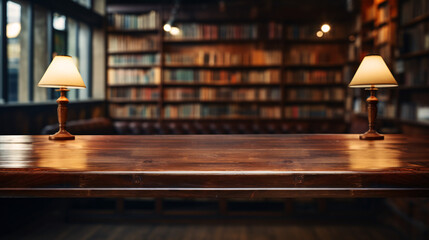 Dark mahogany empty desk up close, the interior of a vintage bookstore on a blurred background... - obrazy, fototapety, plakaty