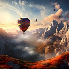 Hot air balloons drifting over a picturesque mountain range