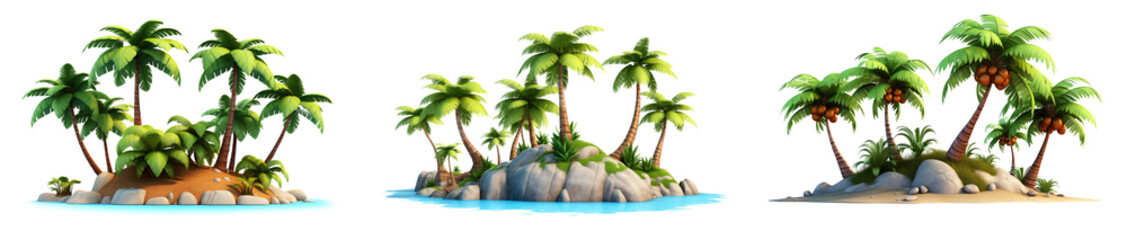Set of 3d cartoon clipart island palm trees landscape,  isolated on white and transparent background - obrazy, fototapety, plakaty