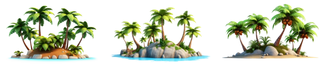 Fotobehang Set of 3d cartoon clipart island palm trees landscape,  isolated on white and transparent background © Black Pig