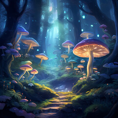 Fototapeta na wymiar An enchanted forest with glowing mushrooms and mystical creatures