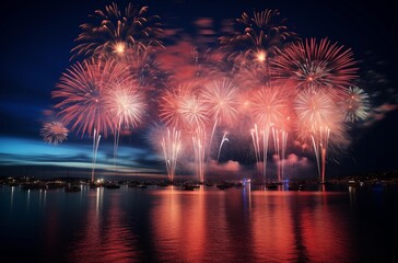 beautiful new year fireworks over the river near the dock, festival celebration at night, event
