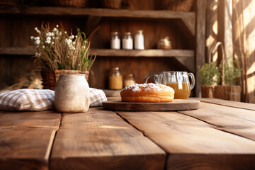 Rustic wooden empty table close-up, the interior of a farmhouse-style bakery with a hint of  antique decor in the background, ready for a warm and inviting atmosphere...