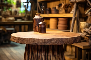 Rustic wooden empty table close-up, the interior of a cozy country gift shop with a hint of handmade crafts in the background, ready for a promotion of unique and personalized gifts...