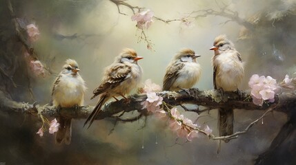 charming birds in the tree ultra hd detailed painting,digital art, Jean-Baptiste bright, beautiful , splash, , Glittering , cute and adorable, filigree, - obrazy, fototapety, plakaty