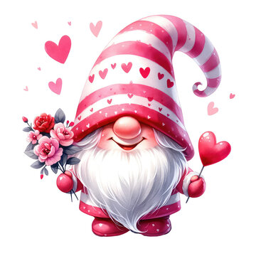  Cheerful Valentine gnome in watercolor art, PNG transparent background