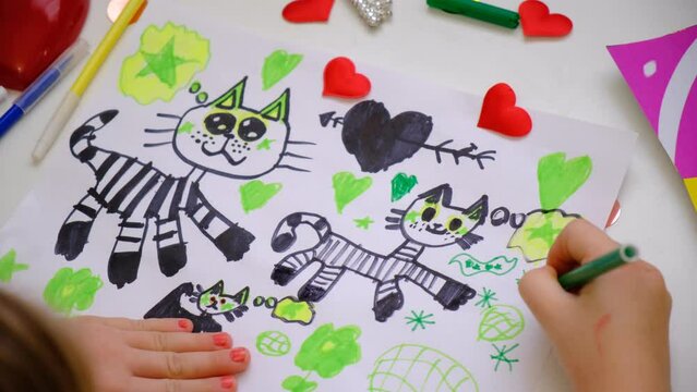 Child drawing hearts, pets, cats  family, funny sketch for birthday, Mothers day or Valentines day. Education. Inspiration and imagination