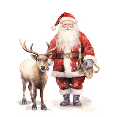 Santa and Reindeer For Christmas Event. Watercolor Style. AI Generated