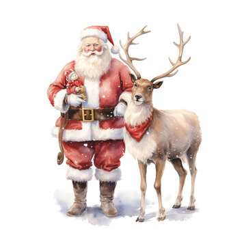 Santa and Reindeer For Christmas Event. Watercolor Style. AI Generated