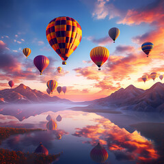 Colorful hot air balloons in a sunrise sky