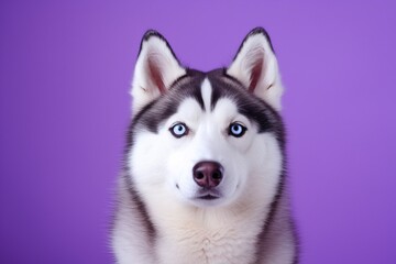 Obraz premium A close-up portrait of a husky dog with blue eyes and a purple background