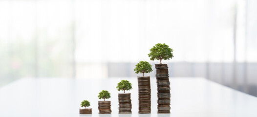 Growth coin stack with tree on top symbolize green business investment on CSR or ESG for...