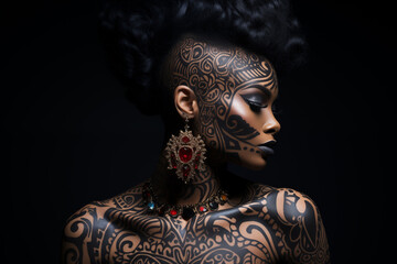 Fototapeta na wymiar Face of a black woman adorned with intricate facial tattoos a blend of traditional and contemporary styles.