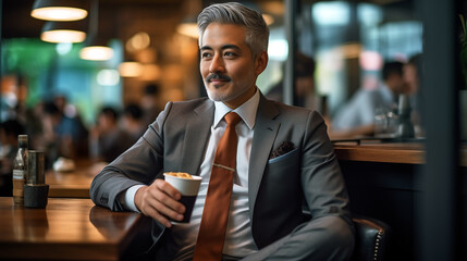 Asian businessman dressed in a sharp, tailored suit, seated comfortably in a modern coffee shop. - obrazy, fototapety, plakaty