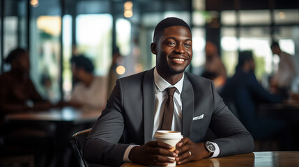 African American businessman dressed in a sharp, tailored suit, seated comfortably in a modern coffee shop.