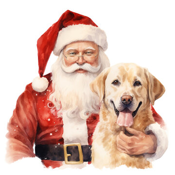 Santa and Dog For Christmas Event. Watercolor Style. AI Generated