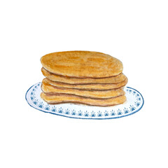 Watercolor stack of pancakes on a plate with blue decor isolated on white