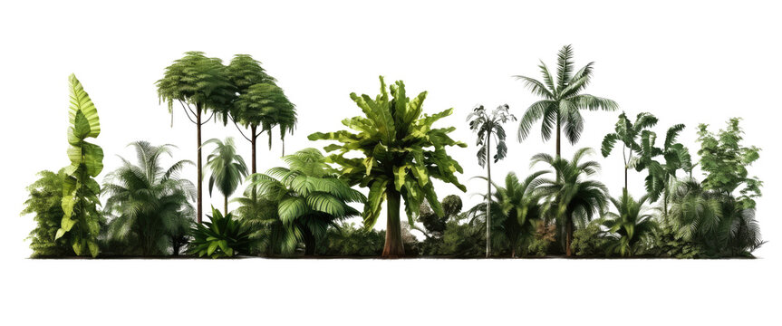 Jungle rain forest trees shapes cutout isolated on transparent backgrounds
