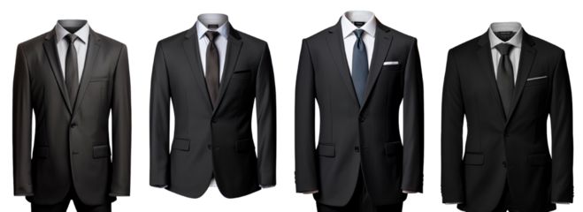 Collection of PNG. A business suit mock up black isolated on a transparent background.