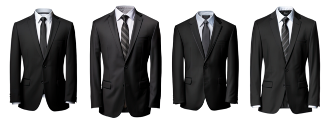 Collection of PNG. A business suit mock up black isolated on a transparent background.