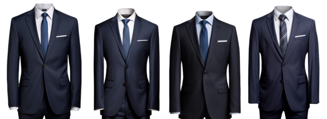 Collection of PNG. A business suit mock up dark blue isolated on a transparent background.