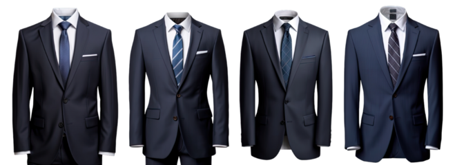 Collection of PNG. A business suit mock up dark blue isolated on a transparent background.