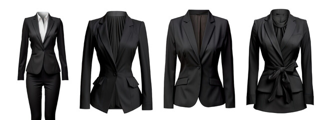 Collection of PNG. Woman business suit mock up black isolated on a transparent background. - obrazy, fototapety, plakaty