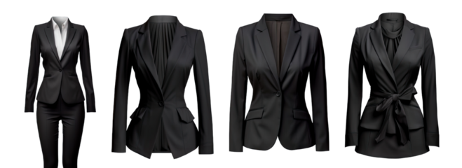 Collection of PNG. Woman business suit mock up black isolated on a transparent background.