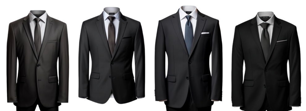 Collection of PNG. A business suit mock up black isolated on a transparent background.