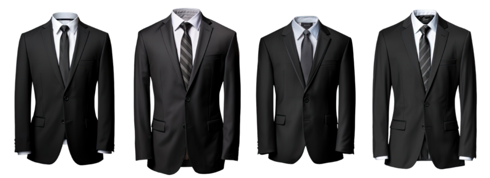 Collection of PNG. A business suit mock up black isolated on a transparent background.