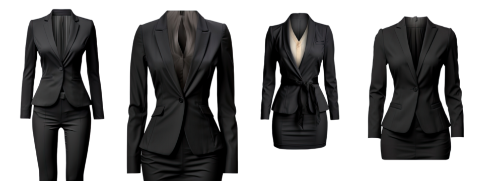 Collection of PNG. Woman business suit mock up black isolated on a transparent background.
