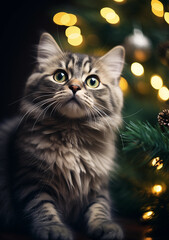 cat sitting under christmas tree, adorable kitten, American Shorthair cat, Shorthair Silver Tabby, cute pet, 