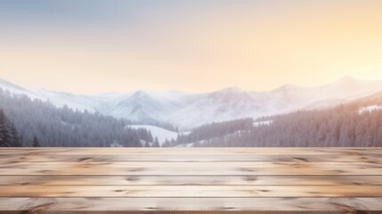 Wooden Terrace blurred and Christmas background Empty Wood table top perspective in front beautiful winter landscape natural sky with light and mountain blur background image for product display
