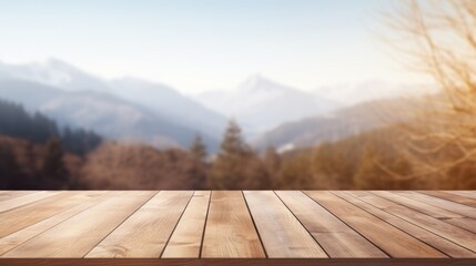 Wooden Terrace blurred and Christmas background Empty Wood table top perspective in front beautiful winter landscape natural sky with light and mountain blur background image for product display