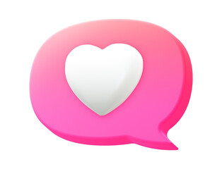 White heart in pink text bubble. 3d element icon illustration.