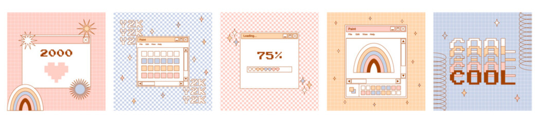 User Interface y2k set card. Retro stickers with lettering, notifications and more. Nostalgia pc elements and operating system. Nostalgia pc elements. Delicate pastels vector illustration. - obrazy, fototapety, plakaty