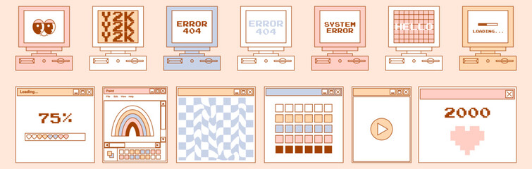 User Interface y2k stickers. Retro personal computers icon, windows, buttons, screen computer, notifications and more. Nostalgia pc elements and operating system. Delicate pastels vector illustration. - obrazy, fototapety, plakaty