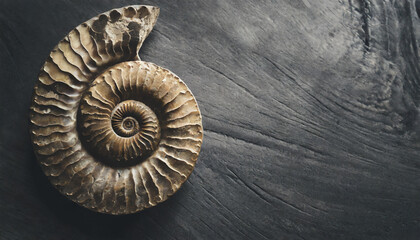 Ammonite, fossil, wooden desk, black background, close-up, top view