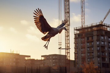 Fototapeta premium crane in the sunset with a majestic crane bird in the center, construction site, buildings under construction, battle between nature and civilization environment wildlife in the city endangered nature