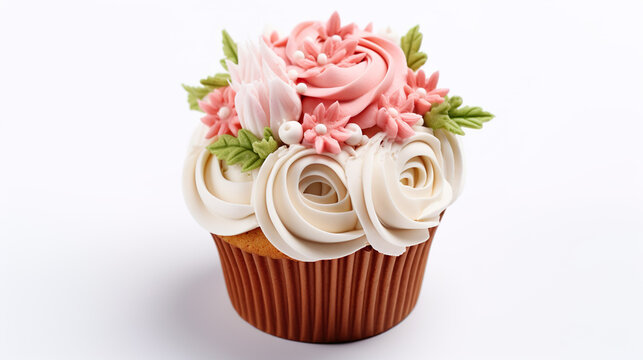 Very pretty cupcake arrangement for a birthday party with flowers, buttercream, natural light,on white background.