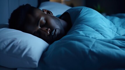 African-American man sleeps under warm plaid on soft bed at home closeup. Handsome black guy dreams lying on pillows in cozy bedroom. Young man naps comfortably in semi dark hotel room