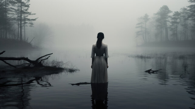 A gloomy melodramatic image of a woman standing in a lake or bog and facing outward. Fog and mist. 