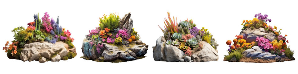 Garden design, rock surrounded by multicolor flowers isolated on transparent background