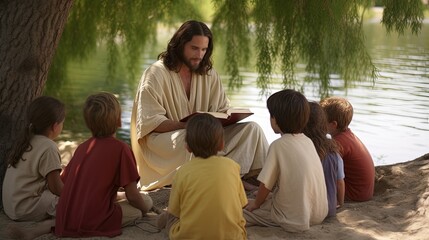 Jesus sitting in clearing under tree reading book and smiling with children. Jesus teaches children new knowledge by reading book under tree on warm summer day. Jesus shares knowledge with children