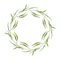 Olive branch with leaves round decorative frame. Watercolor illustration. Elegant olive twig wreath with green leaves decoration element. Isolated on white background