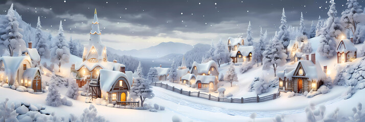 Beautiful winter village with snowy landscape. Houses with warm light feeling during happy times.
