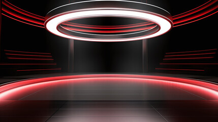 Modern circular red neon light stage with halo illumination, perfect for high-tech presentations and events. AI Generative - obrazy, fototapety, plakaty
